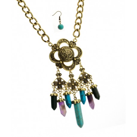 BURNISH GOLD CHAIN & STONES NECKLACE & EARRING SET